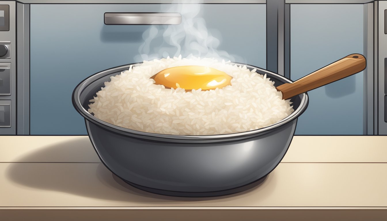 A steaming bowl of coconut rice placed inside a preheated oven