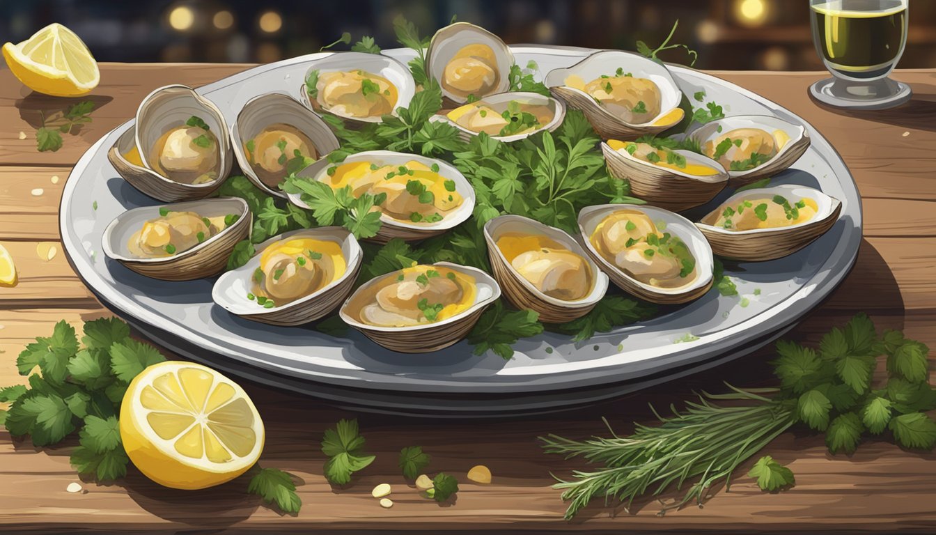 A plate of reheated clams casino sits on a rustic wooden table, surrounded by a scattering of fresh herbs and a drizzle of lemon juice