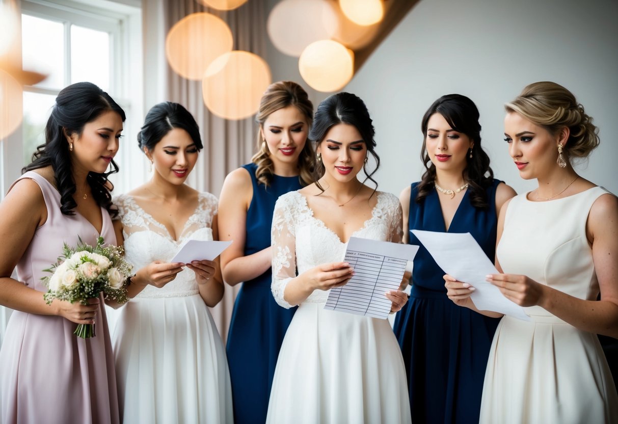 A group of bridesmaids holding various wedding-related items, with one bridesmaid looking at a list of expenses while others discuss payment