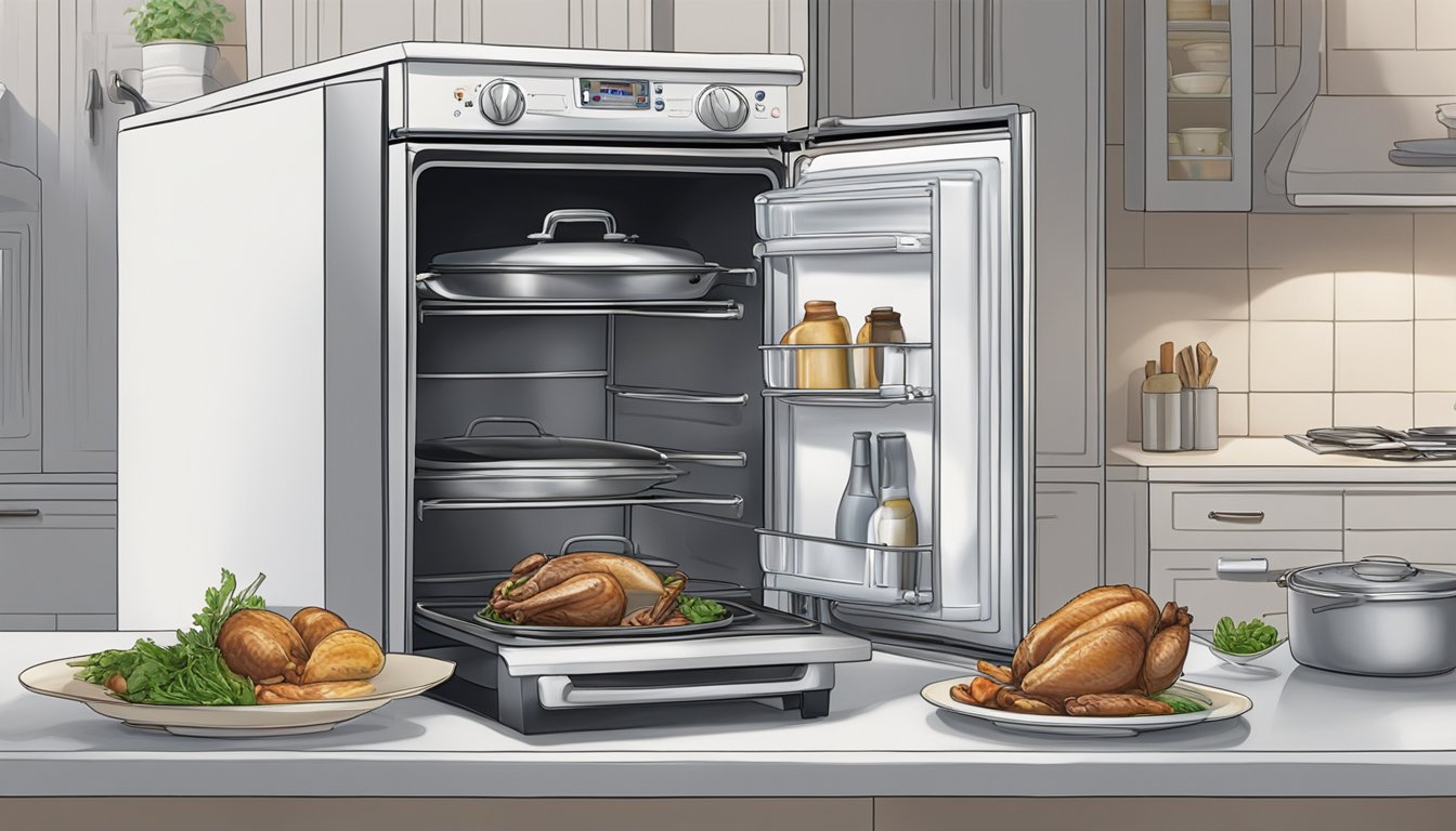 A steaming pot of Coq Au Vin Blanc sits on a stove, while a refrigerator door is open with the dish being placed inside