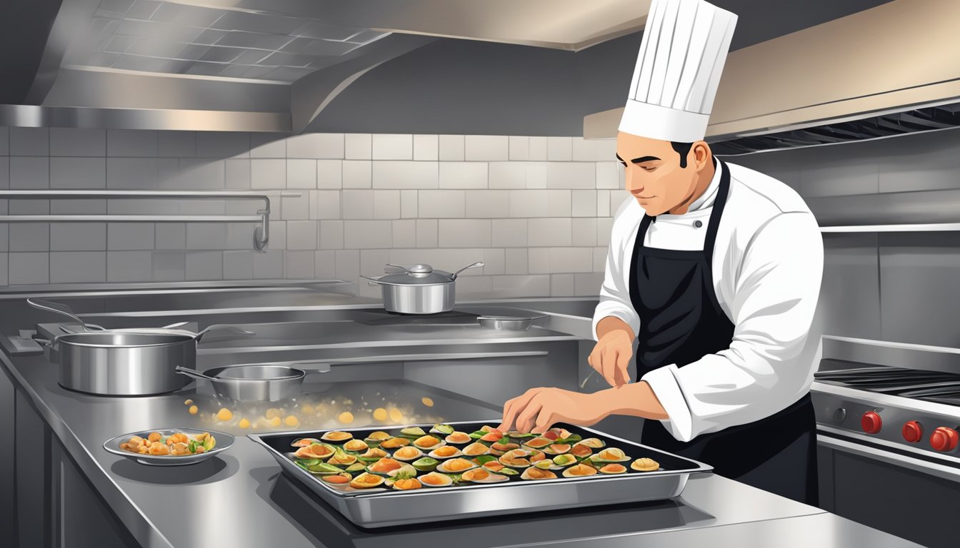 A chef carefully reheats a tray of clams casino in a professional kitchen, using a high-quality oven and following strict safety guidelines