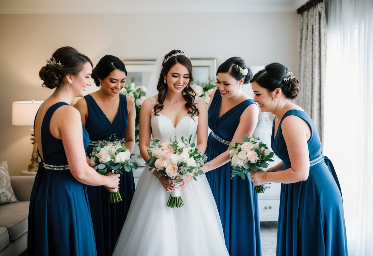 A group of bridesmaids helping the bride with her dress, holding bouquets, and assisting with wedding preparations