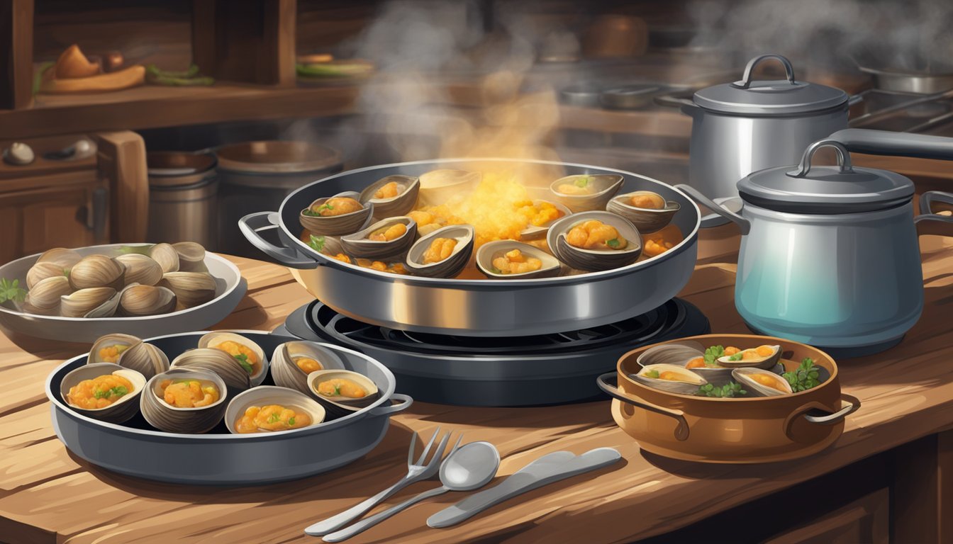 A plate of clams casino sits in the center of a rustic wooden table, surrounded by steaming pots and pans on a cozy kitchen stove