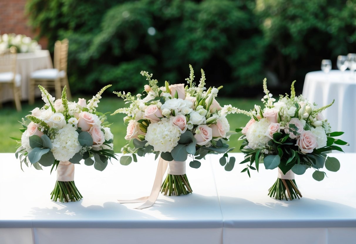 Three elegant bouquets arranged on a table, each with a different color scheme and style, ready for a wedding celebration