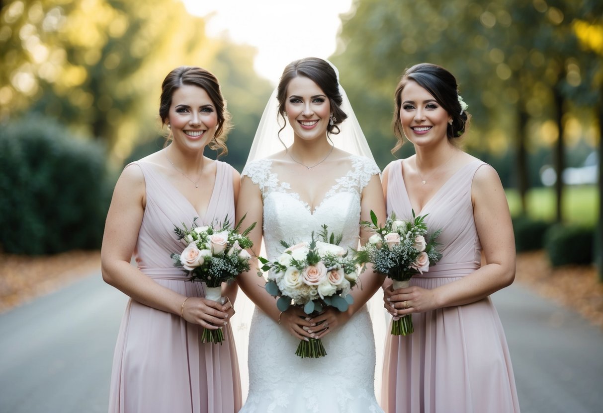 A bride stands between two bridesmaids, all smiling and holding bouquets