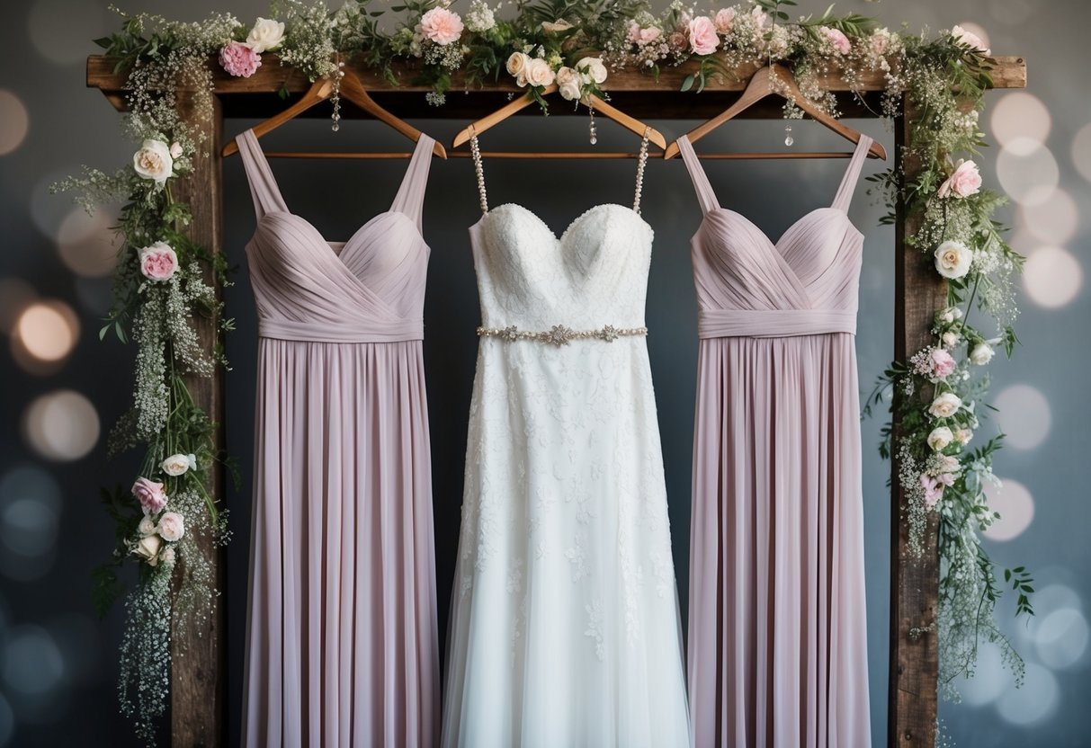 Three elegant bridesmaid dresses hanging on a rustic wooden rack, surrounded by delicate floral arrangements and sparkling jewelry