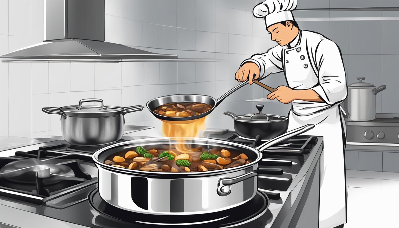 A chef carefully reheating coq au vin blanc in a stainless steel saucepan over a gas stove, using a wooden spoon to stir and ensure even heating