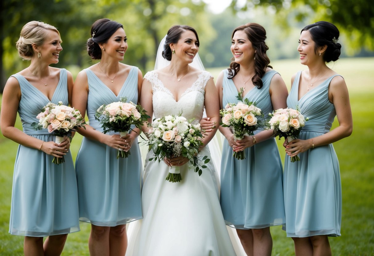Three bridesmaids holding bouquets, standing in a line with the bride in the center, smiling and looking at each other