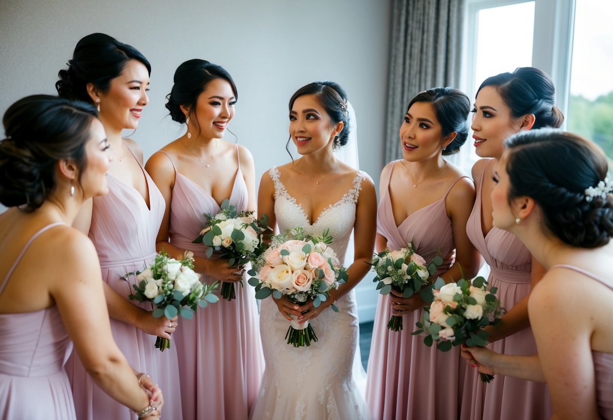 A group of bridesmaids gathered in a circle, one holding a bouquet, as another asks a question with a curious expression