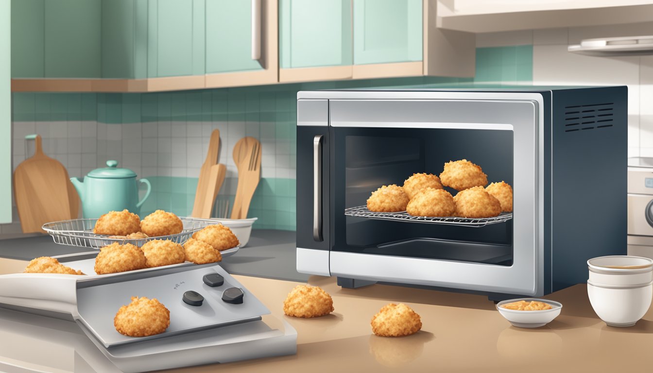 A kitchen counter with a tray of freshly baked coconut macaroons and a microwave oven for reheating