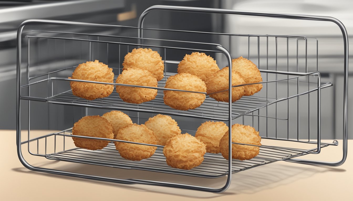 A plate of coconut macaroons on a wire rack, with an oven in the background