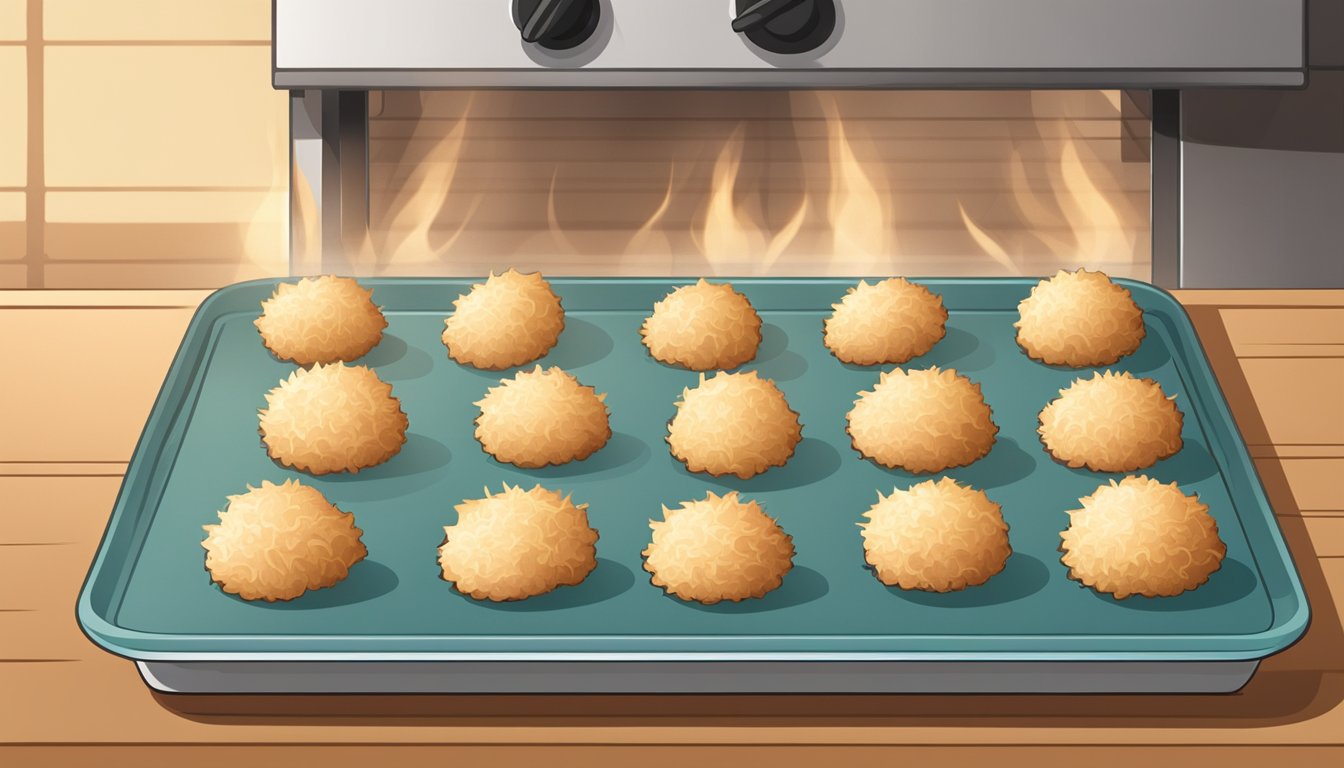 A plate of coconut macaroons on a baking sheet, being heated in an oven