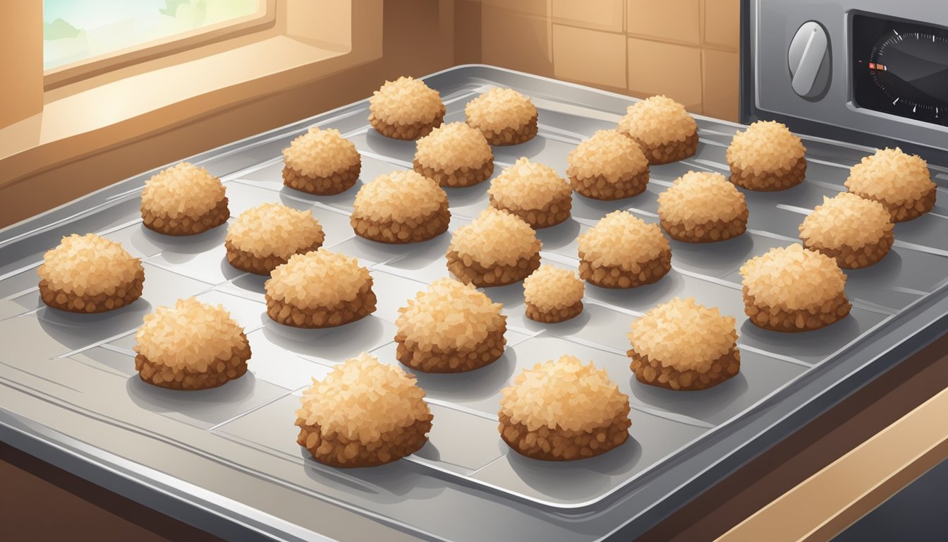 Coconut macaroons arranged on a baking sheet, placed in the oven. A timer set and heat radiating from the oven