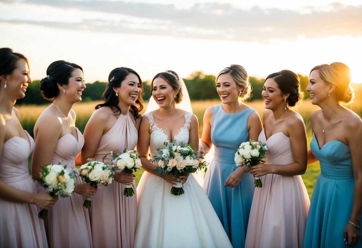 A group of women in elegant dresses, gathered around a bride, laughing and chatting happily. The sun is setting, casting a warm glow over the scene