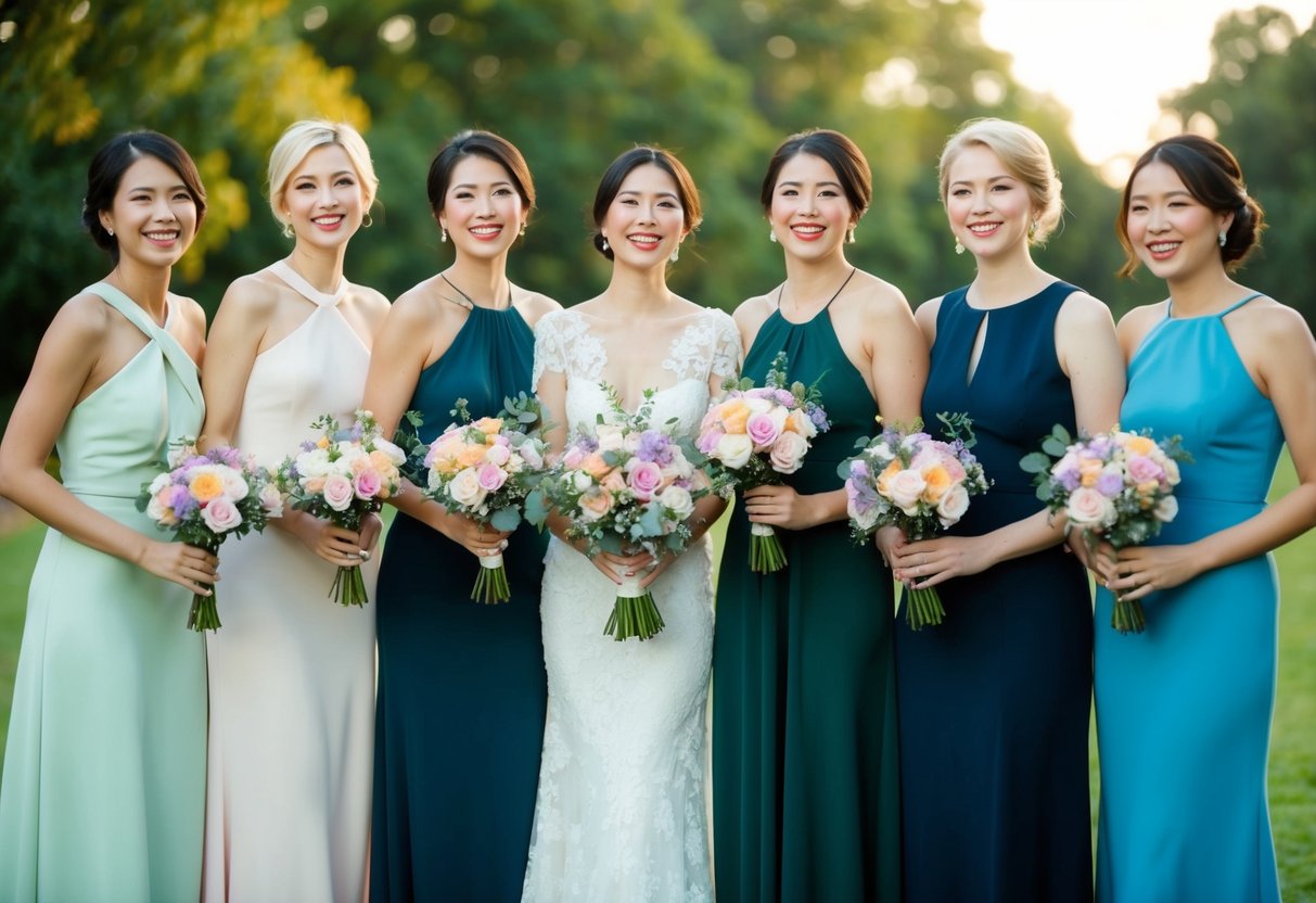 A group of six elegantly dressed figures stand in a row, each holding a bouquet of flowers and smiling joyfully