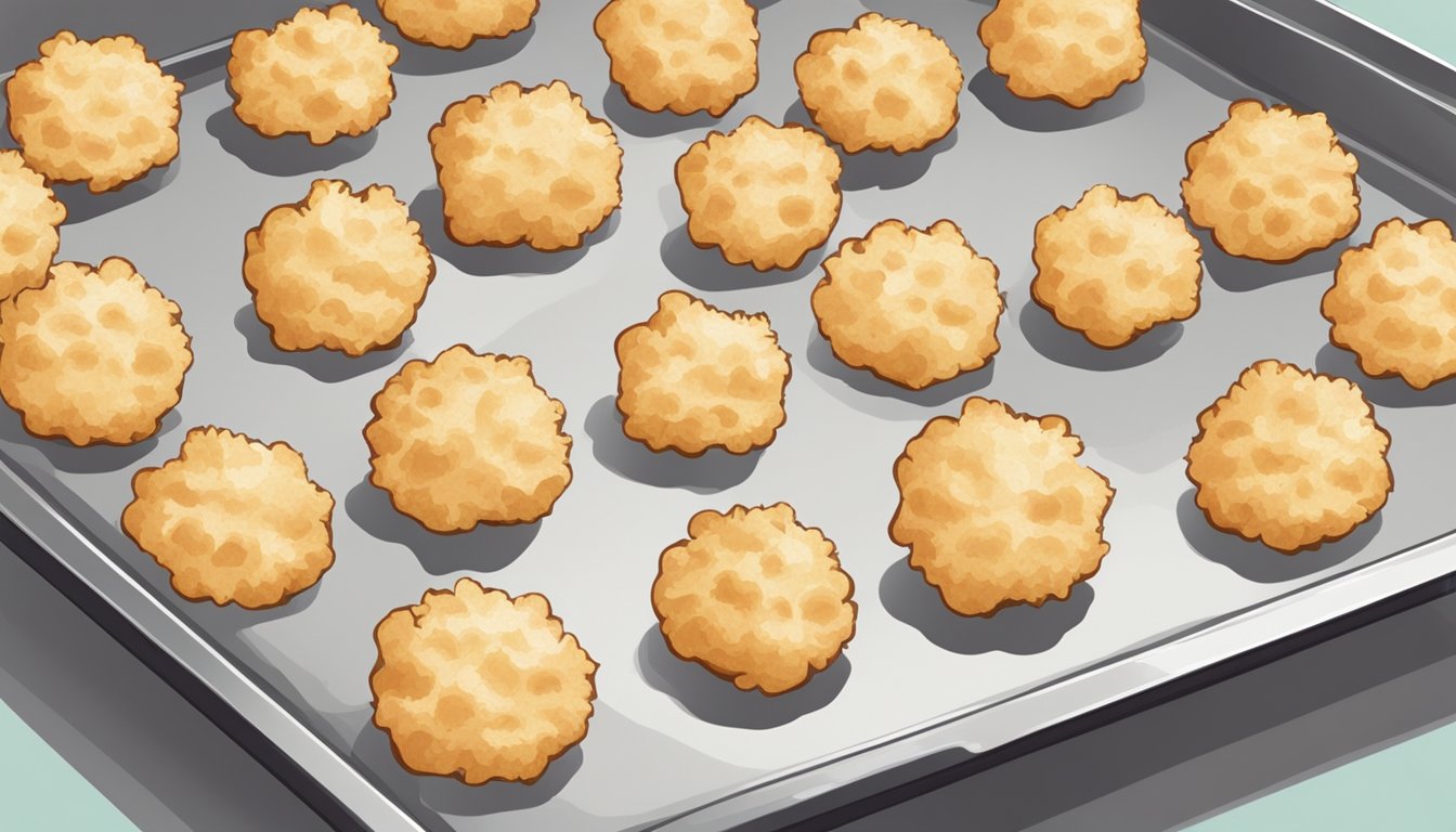 Coconut macaroons arranged on a baking sheet, being heated in the oven