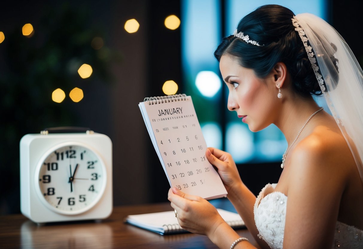 A bride holding a calendar, looking worried while checking the time on a clock