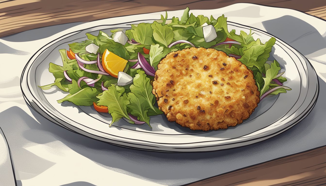 A plate of reheated cod cakes with a side of fresh salad and a lemon wedge garnish