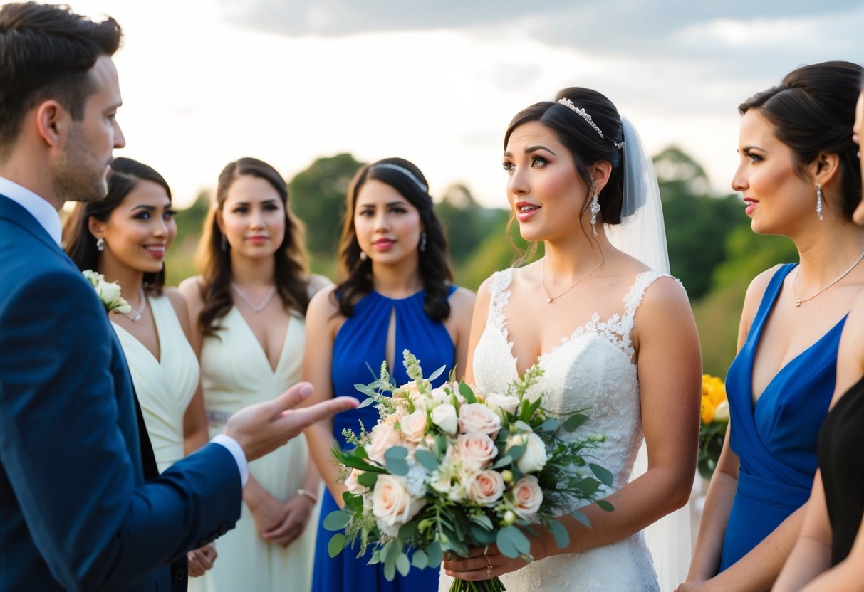 A bride holding a bouquet of flowers, gesturing towards a group of friends with a questioning expression