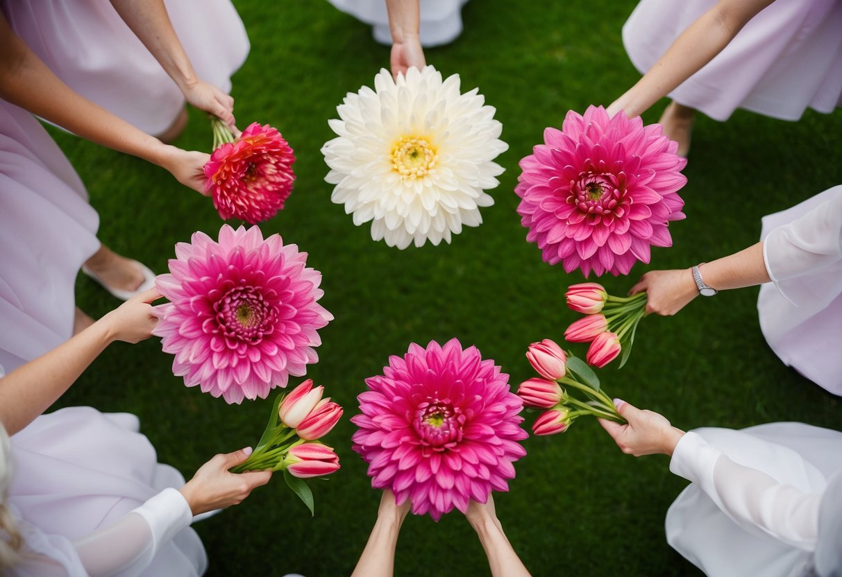 Six blooming flowers arranged in a circular formation, each one representing a bridesmaid