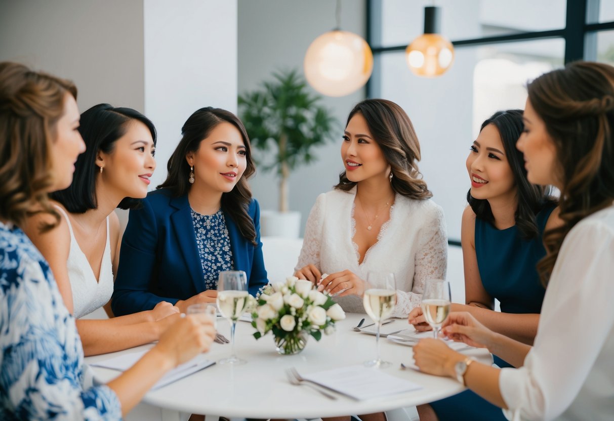 A group of women gathered around a table, discussing wedding plans. One woman hesitantly asks the others about the timing of asking bridesmaids to be part of the wedding party