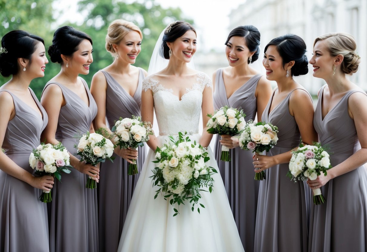 A bride stands surrounded by six elegantly dressed bridesmaids, each holding a bouquet and smiling. They are discussing wedding plans and admiring their matching dresses