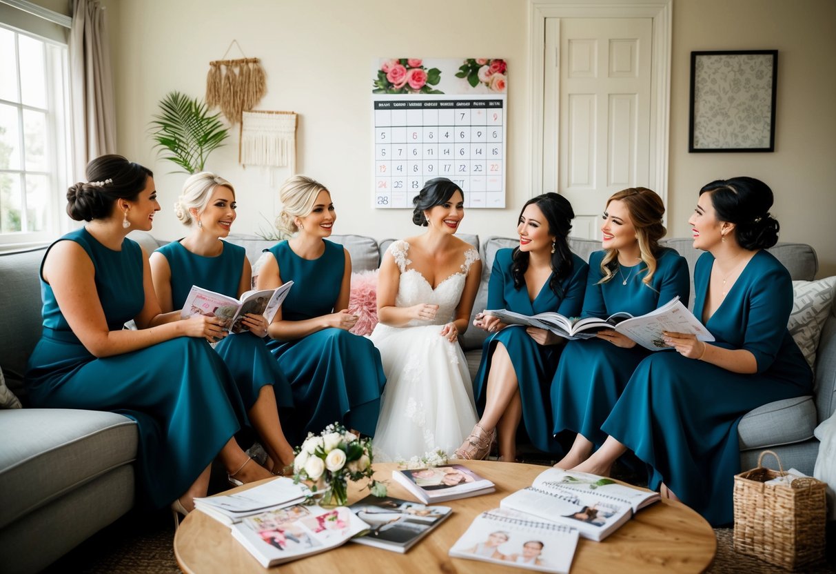 A group of bridesmaids chatting in a cozy living room, surrounded by wedding magazines and a calendar, discussing the timing of asking bridesmaids