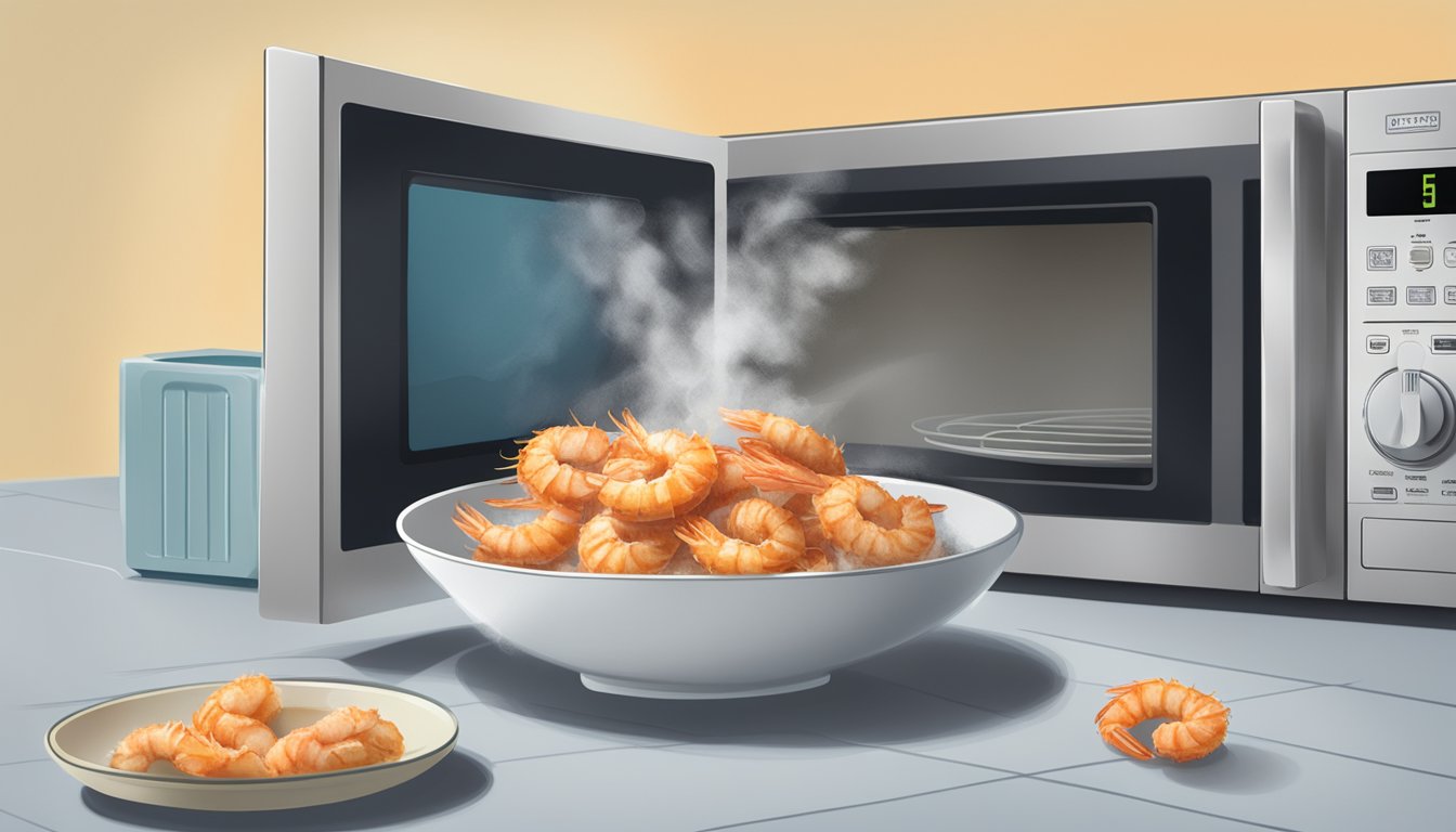 A plate of coconut shrimp arranged beside a microwave, with steam rising from the reheated shrimp