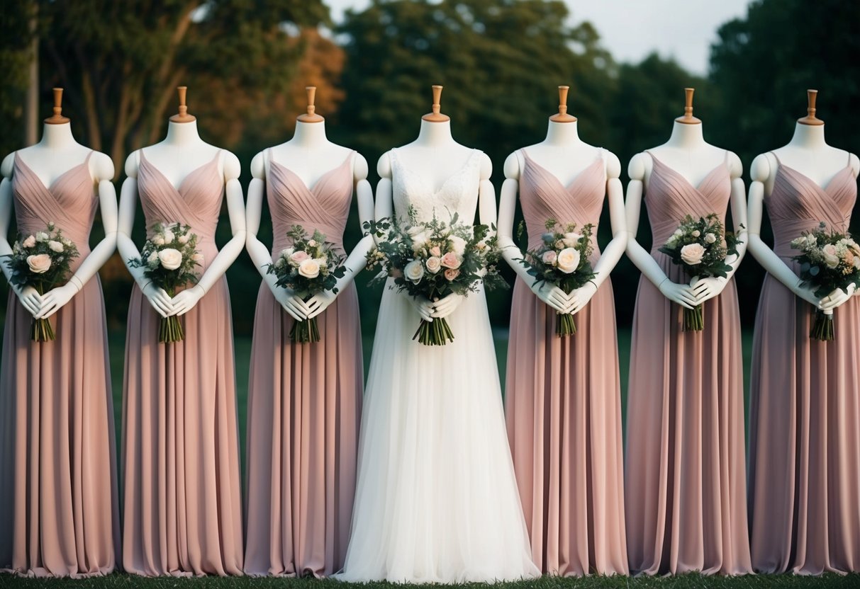 A group of 15 identical mannequins dressed in matching bridesmaid gowns stand in a row, each holding a bouquet of flowers