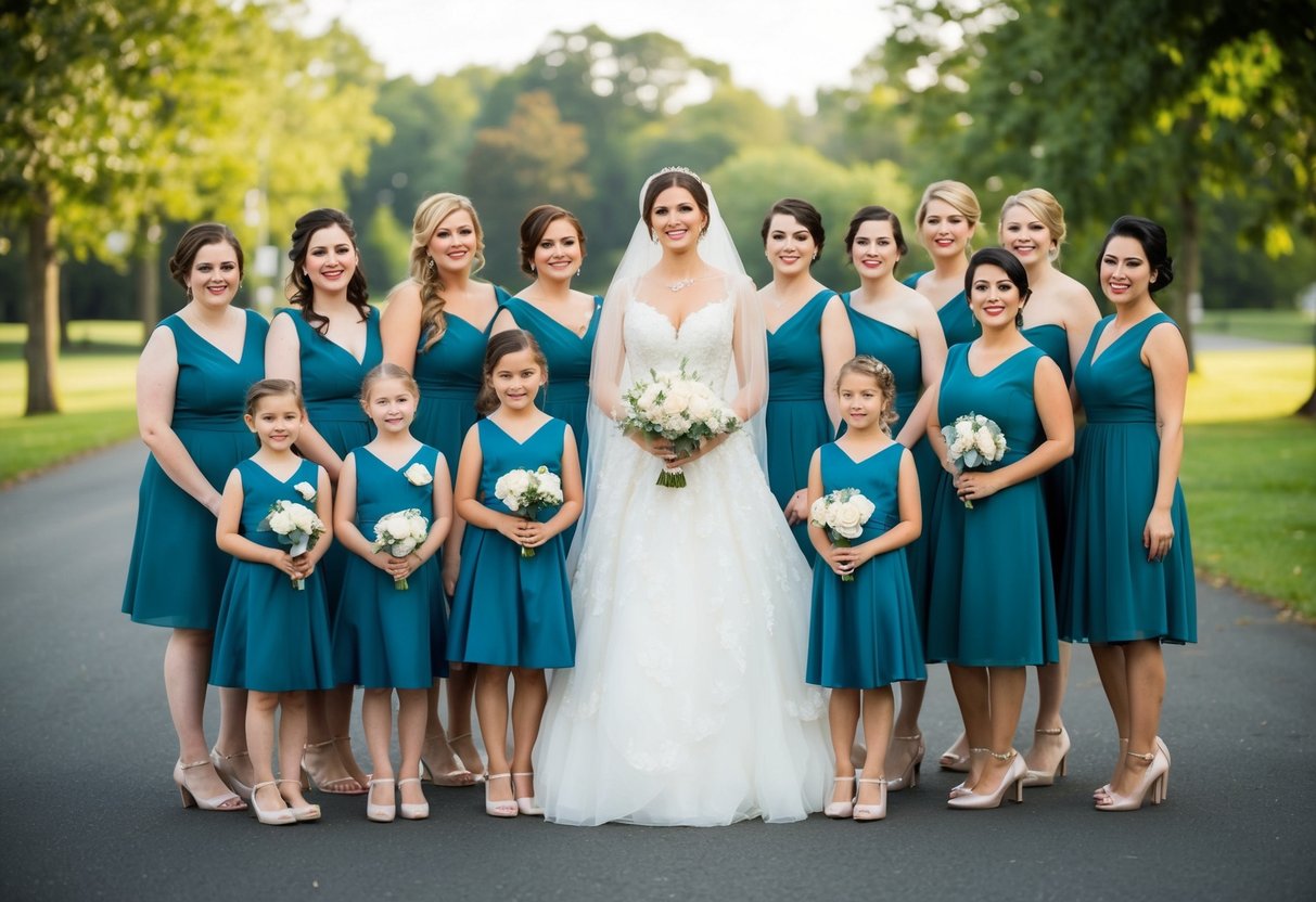 A bride stands surrounded by a group of 15 bridesmaids, all dressed in matching attire, as they pose for a photo