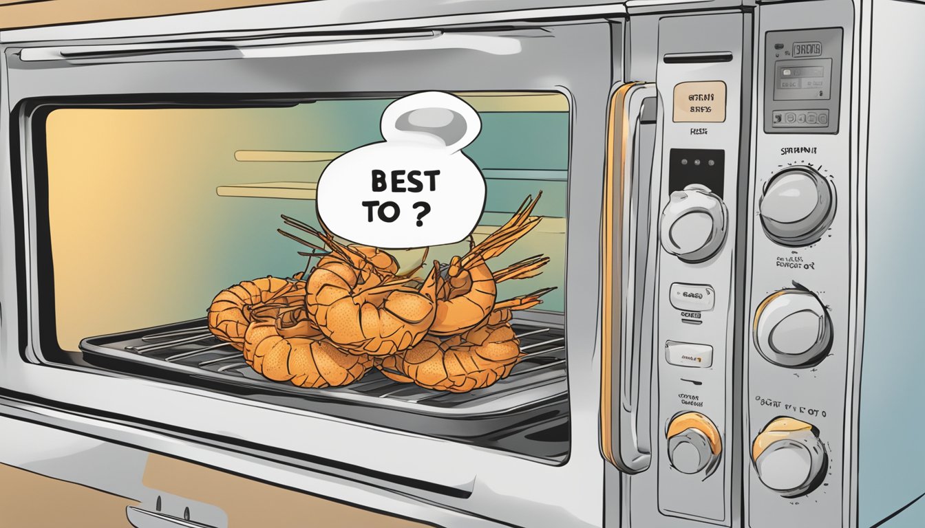 A plate of coconut shrimp sits next to a microwave and an oven, with a thoughtful expression on the shrimp's face. A speech bubble above the shrimp reads "Best way to reheat?"