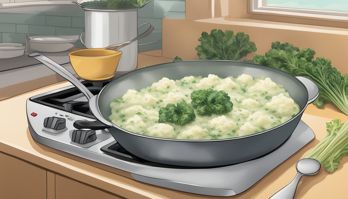 A pot of creamy colcannon being gently reheated on a stovetop, steam rising as the mashed potatoes and kale mix together