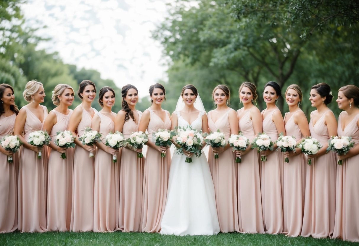 A group of 15 bridesmaids standing in a line, holding bouquets and wearing matching dresses, surrounding the bride in the center