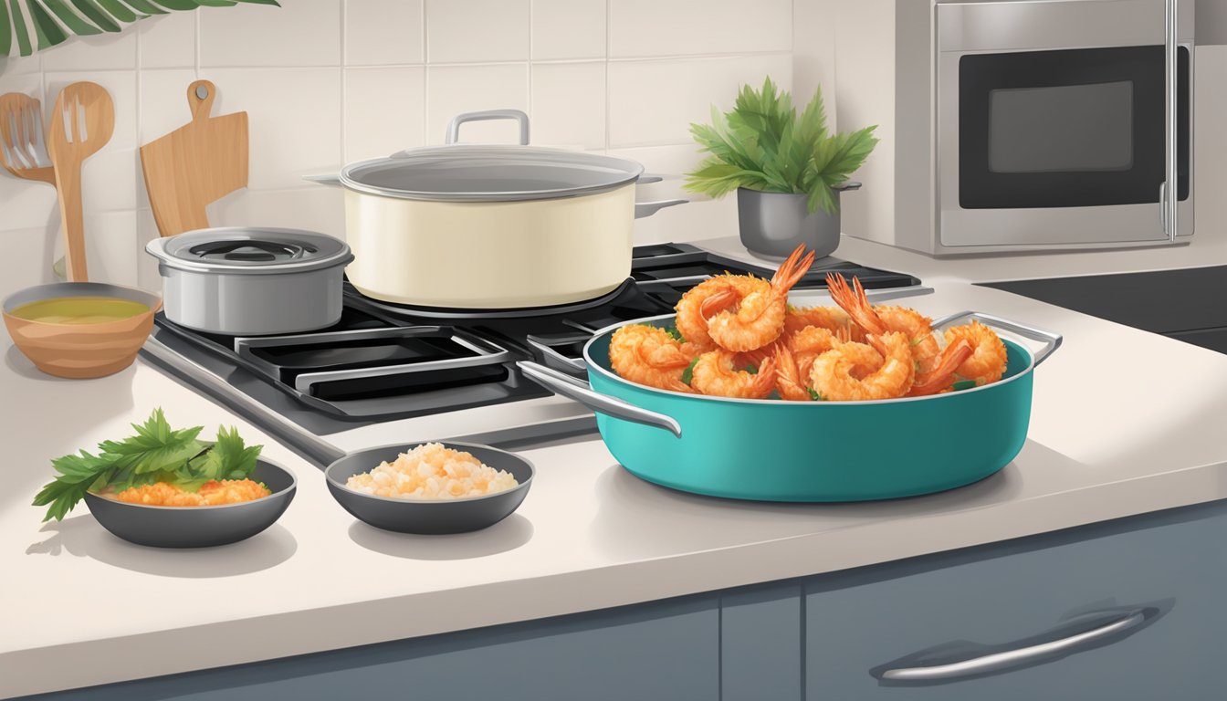 A plate of coconut shrimp placed in a microwave next to a pan on a stovetop