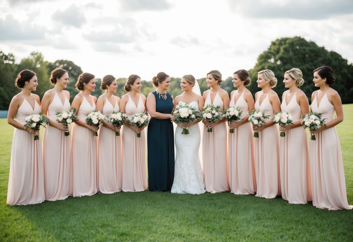 A group of 15 bridesmaids standing in a row, each holding a bouquet of flowers, while a wedding planner coordinates their positions and logistics