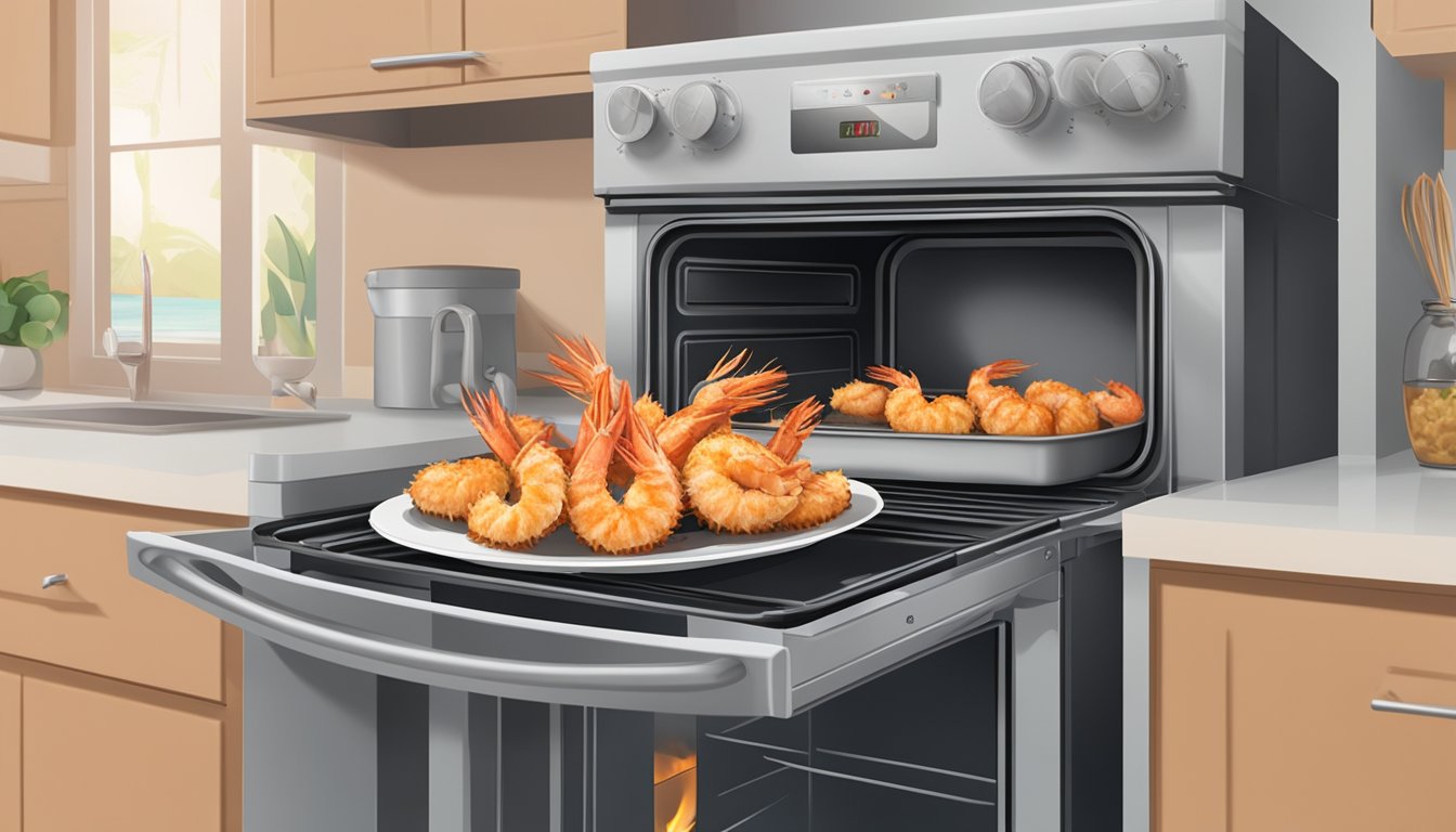 A plate of coconut shrimp sits on a baking sheet in front of an open oven, with a timer set and the oven door closed