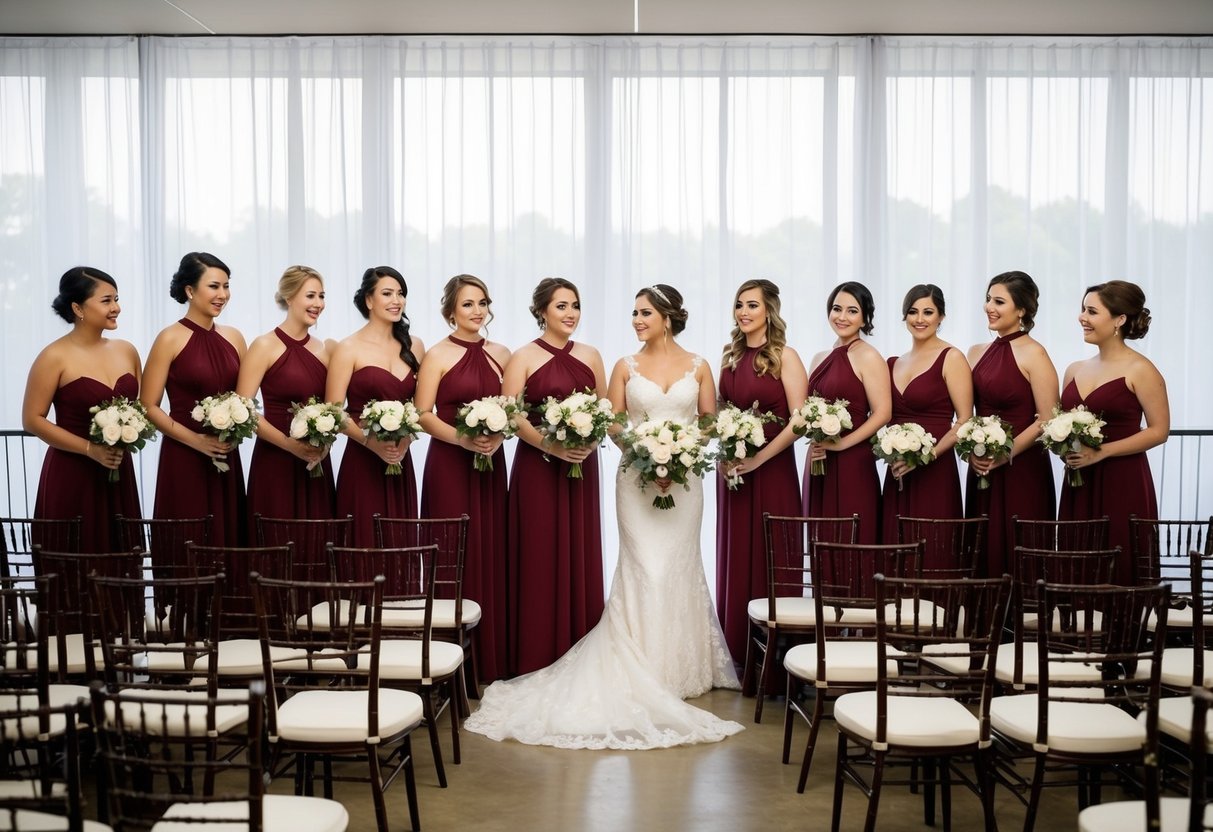 A group of 10 bridesmaids stand in a line, holding bouquets, in front of 200 empty chairs set up for a wedding ceremony