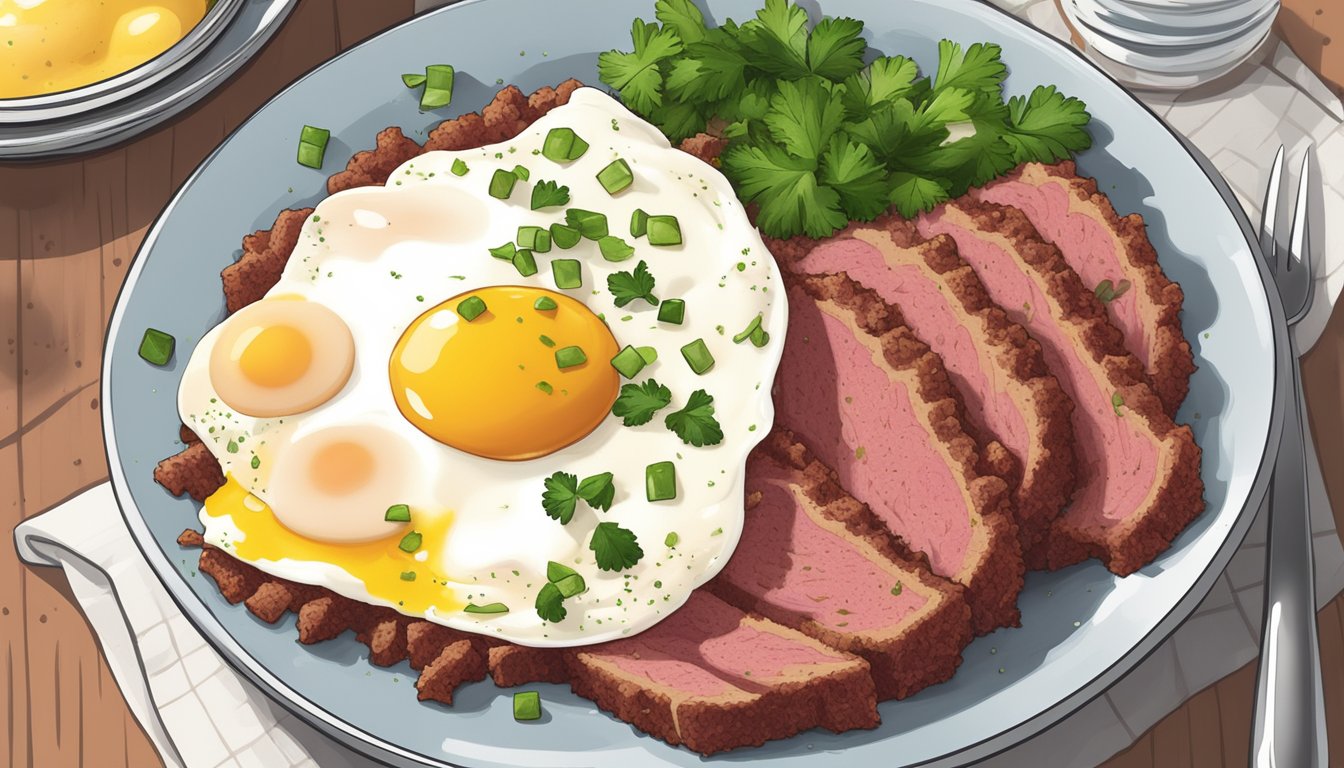 A plate of reheated corned beef hash with a side of eggs and a sprinkle of parsley