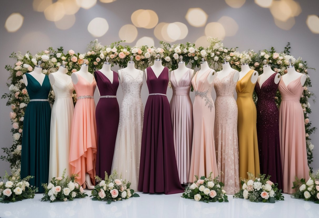 A group of 15 elegant dresses in varying styles and colors arranged in a stunning display, surrounded by delicate floral arrangements and sparkling accessories