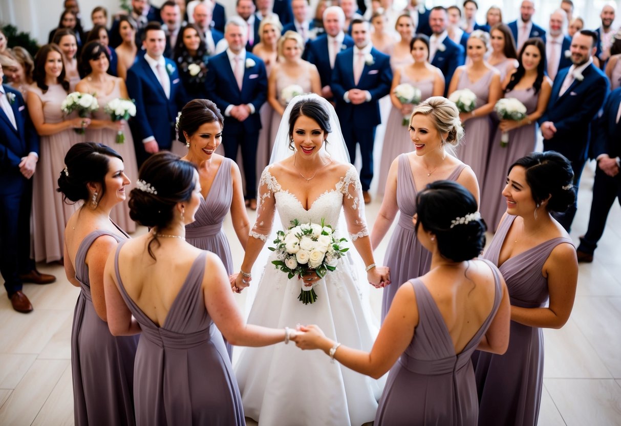 A bride surrounded by a group of bridesmaids, all holding hands and standing in a circle, with 200 guests in the background