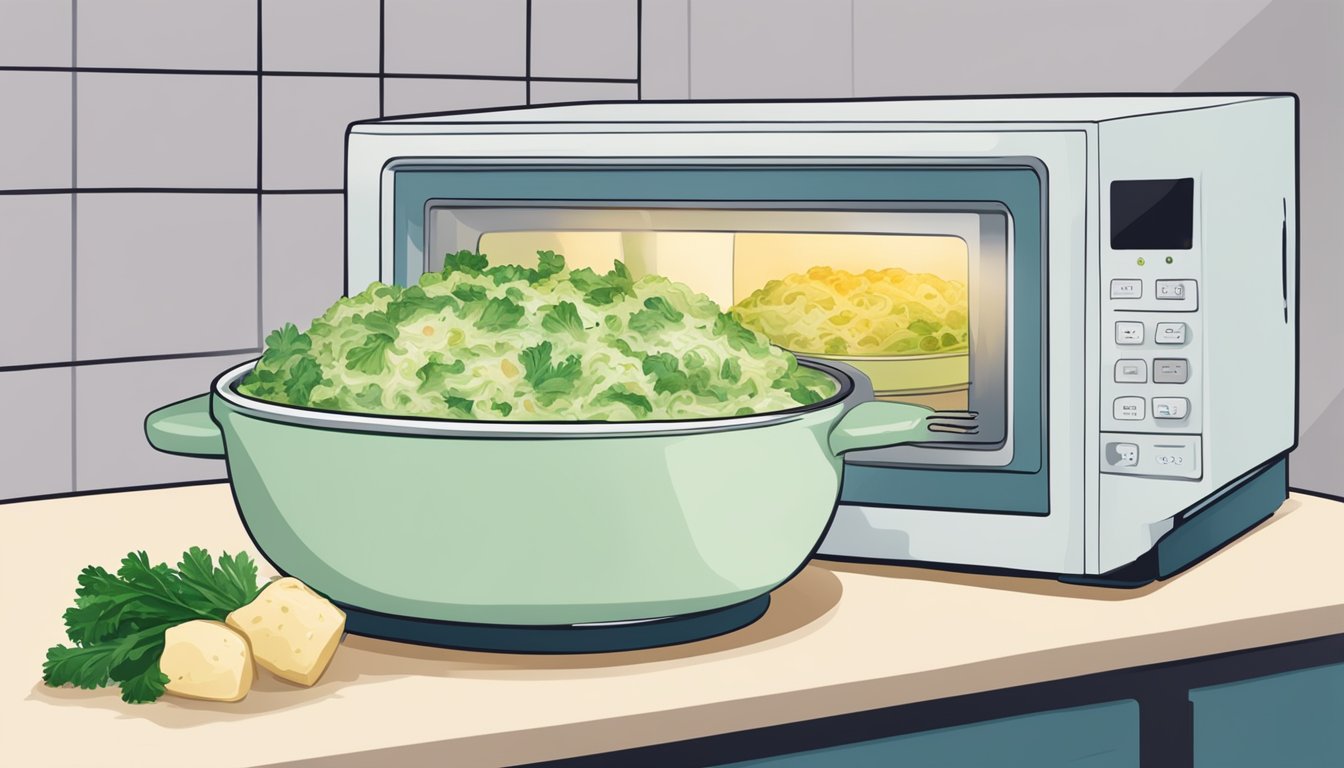 A bowl of leftover colcannon being reheated in a microwave