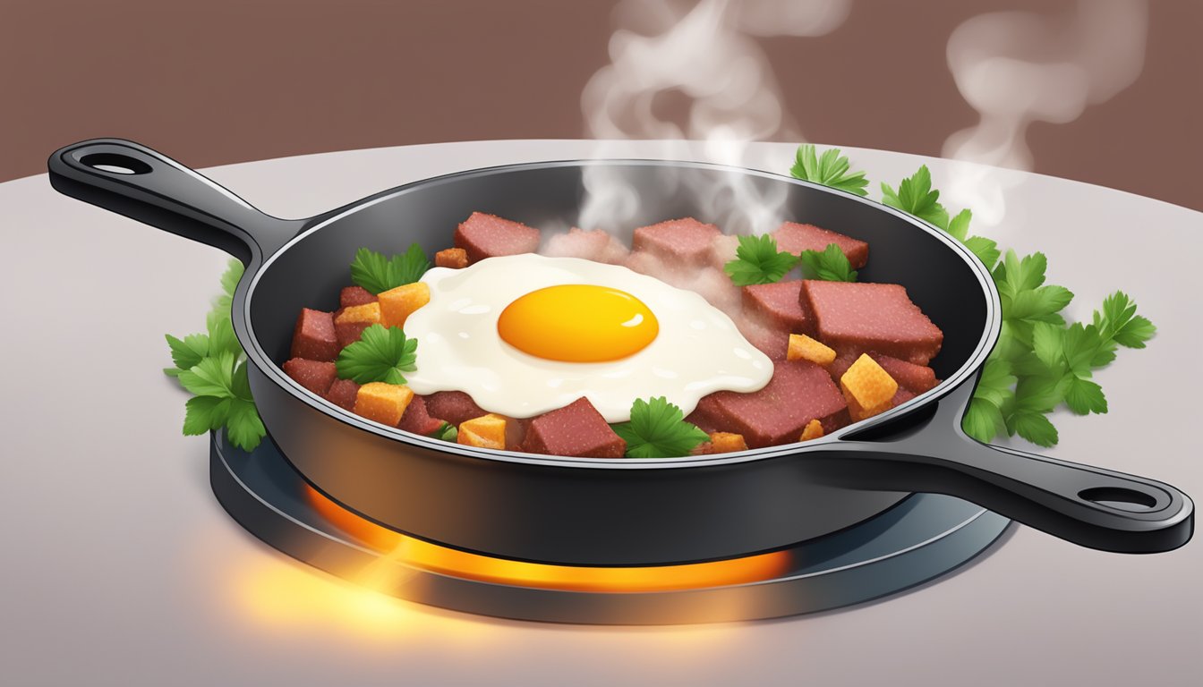 A skillet sizzling with reheated corned beef hash, steam rising, a sprinkle of fresh herbs for garnish