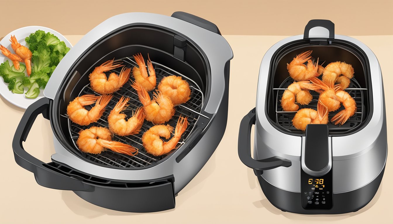 Coconut shrimp placed in air fryer, timer set, golden brown shrimp crisping up inside the fryer