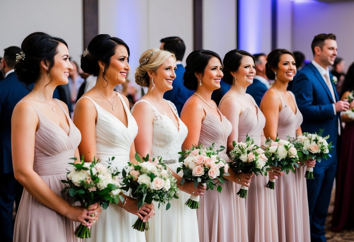A group of bridesmaids standing in a line, holding bouquets, while guests mingle in the background at a wedding reception for 200 people
