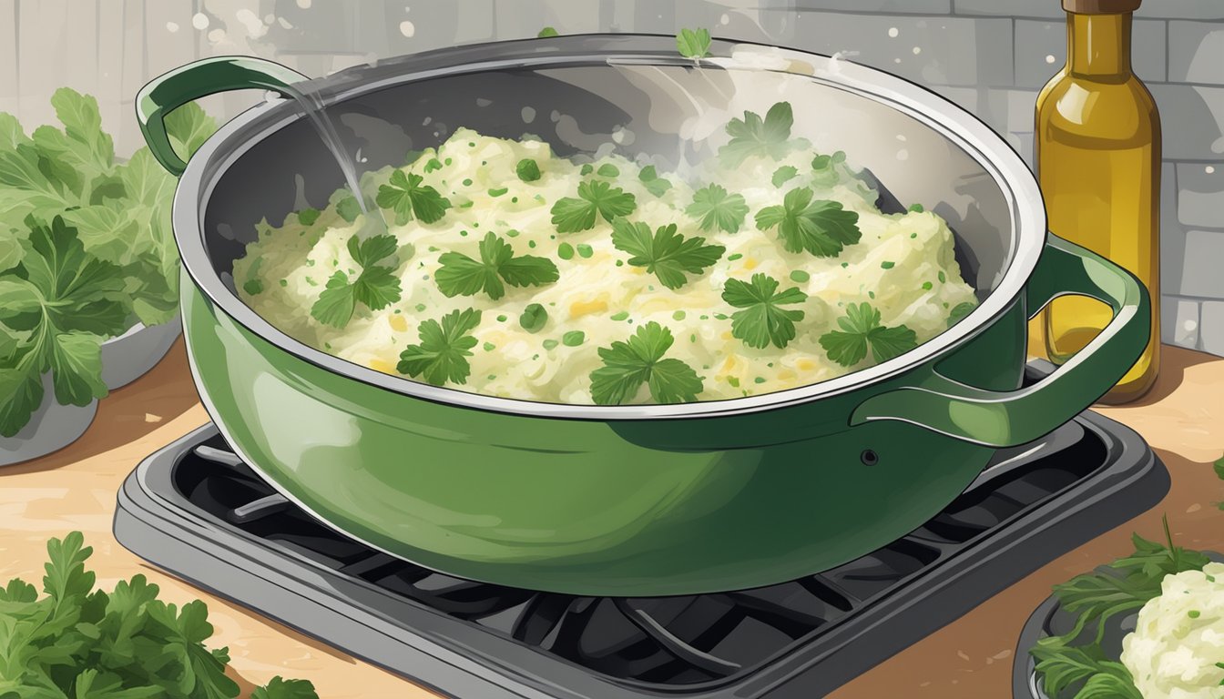 A steaming bowl of leftover colcannon being reheated in a skillet, with a sprinkle of fresh herbs and a drizzle of olive oil