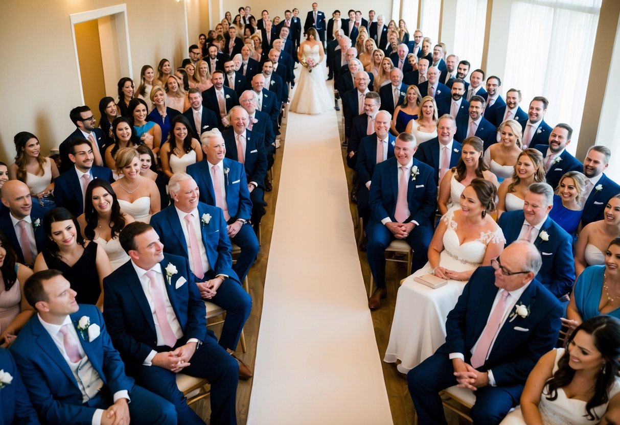 A group of 200 guests seated in rows, with an aisle in the middle. A line of bridesmaids standing on either side, creating a pathway for the bride