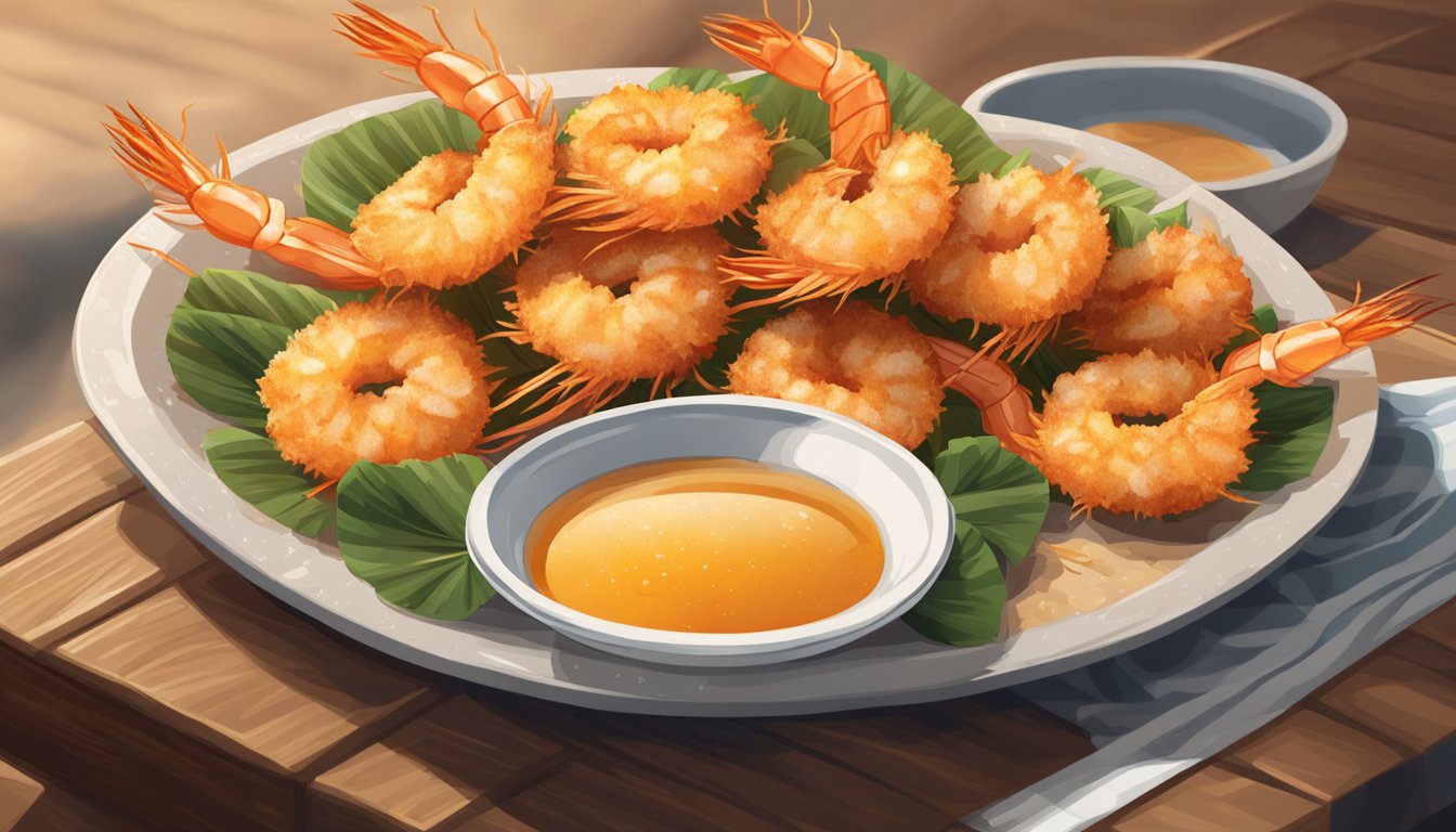 A plate of reheated coconut shrimp sits on a wooden table, steam rising from the golden, crispy crust. A side of tangy dipping sauce completes the scene