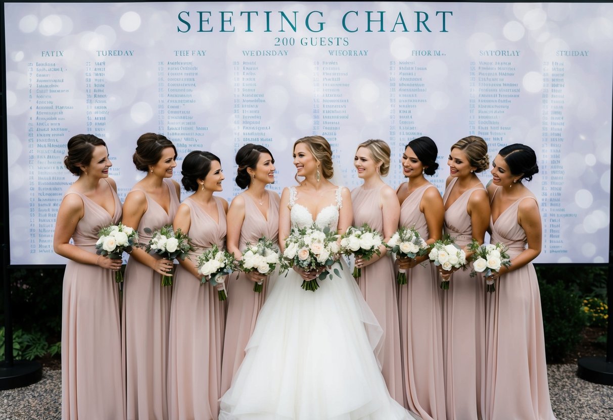 A bride surrounded by a group of bridesmaids, each holding a bouquet, standing in front of a large seating chart for 200 guests