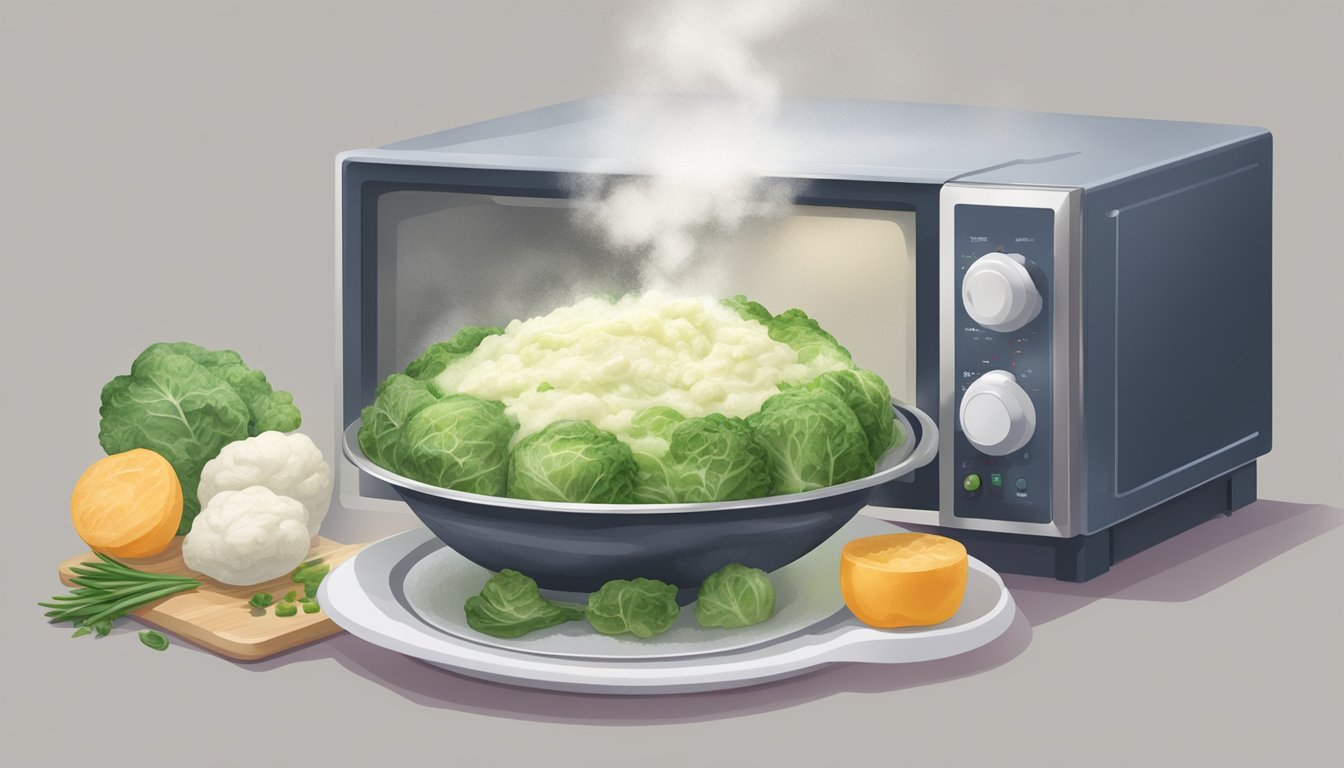 A bowl of colcannon being reheated in a microwave, steam rising from the creamy mixture as it rotates on the turntable