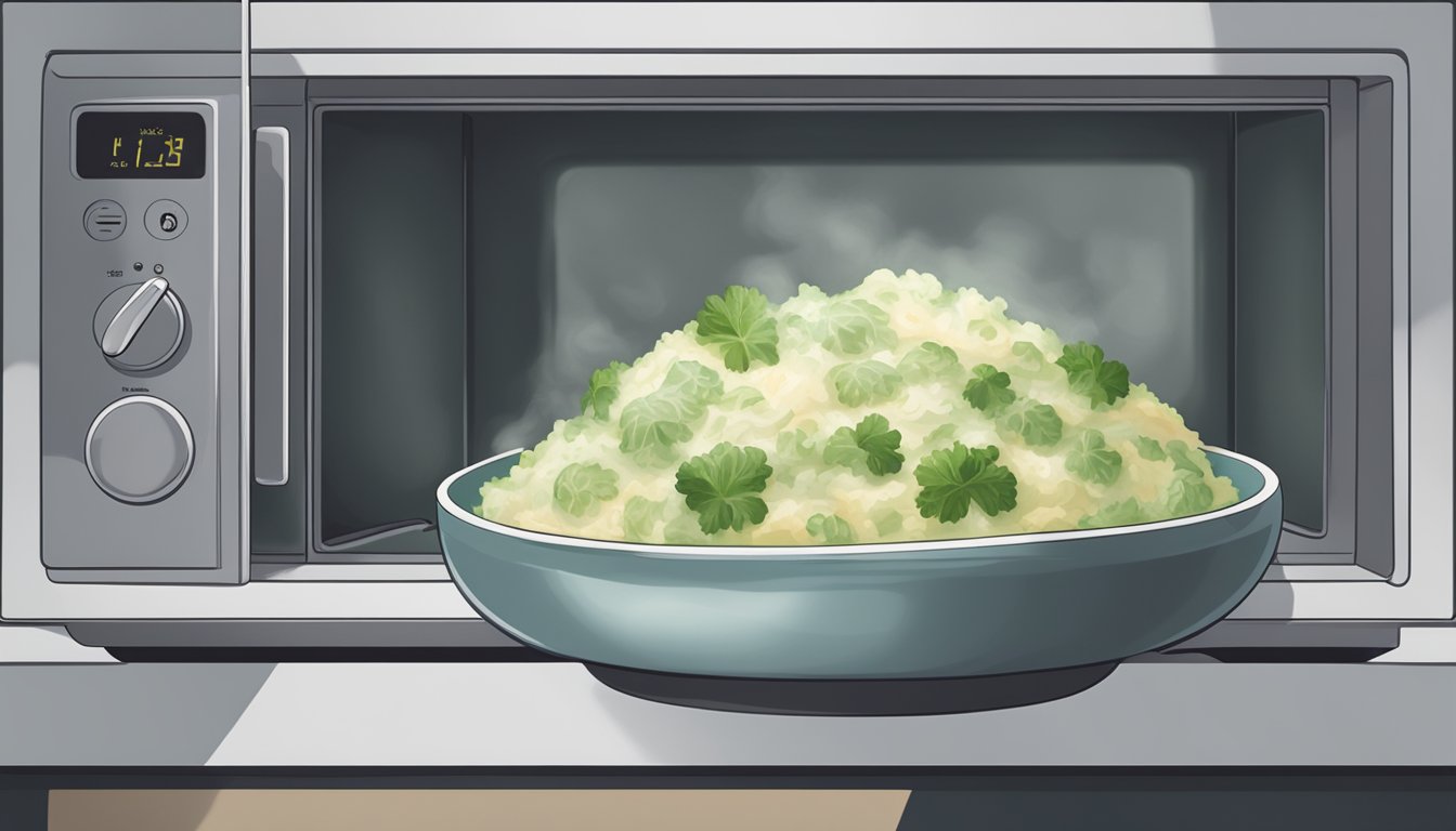 A steaming bowl of colcannon being reheated in a microwave, with a fork resting on the side